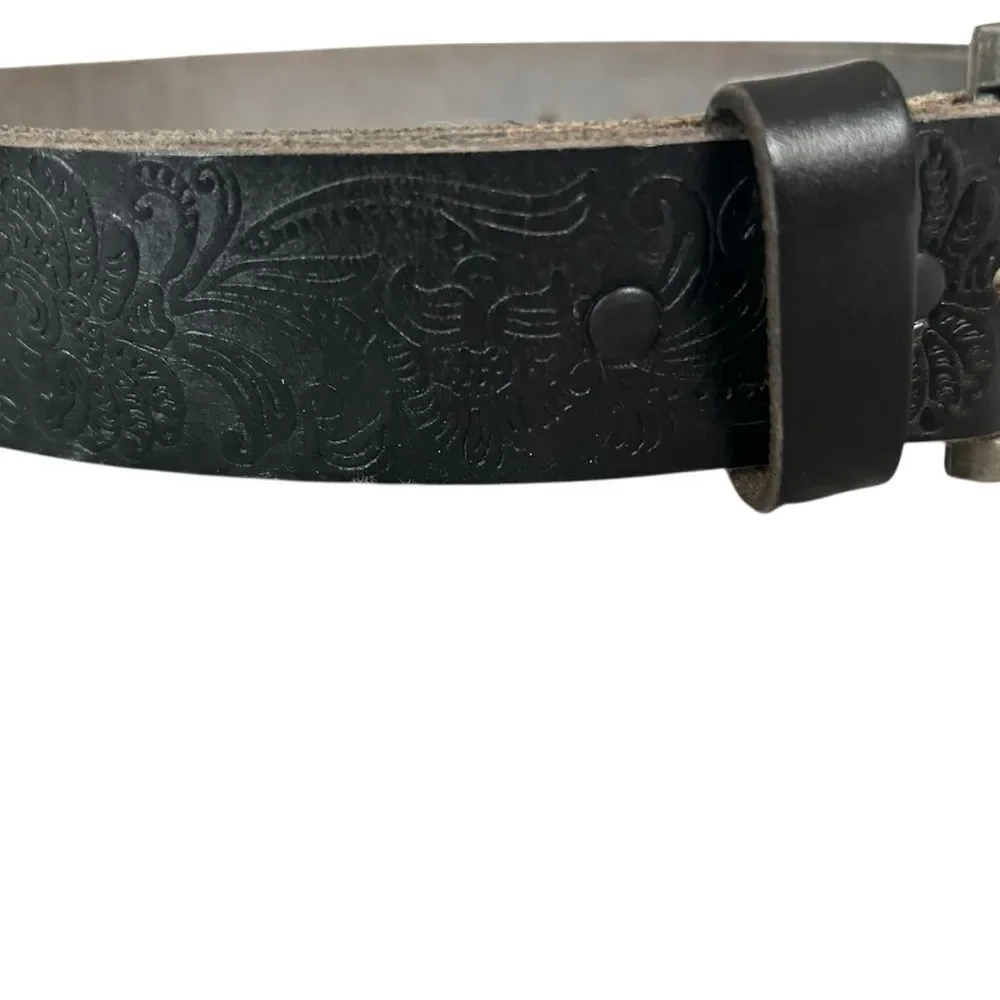 Mens Black Embossed Genuine Leather Embossed Western Inspired Belt Silver Buckle